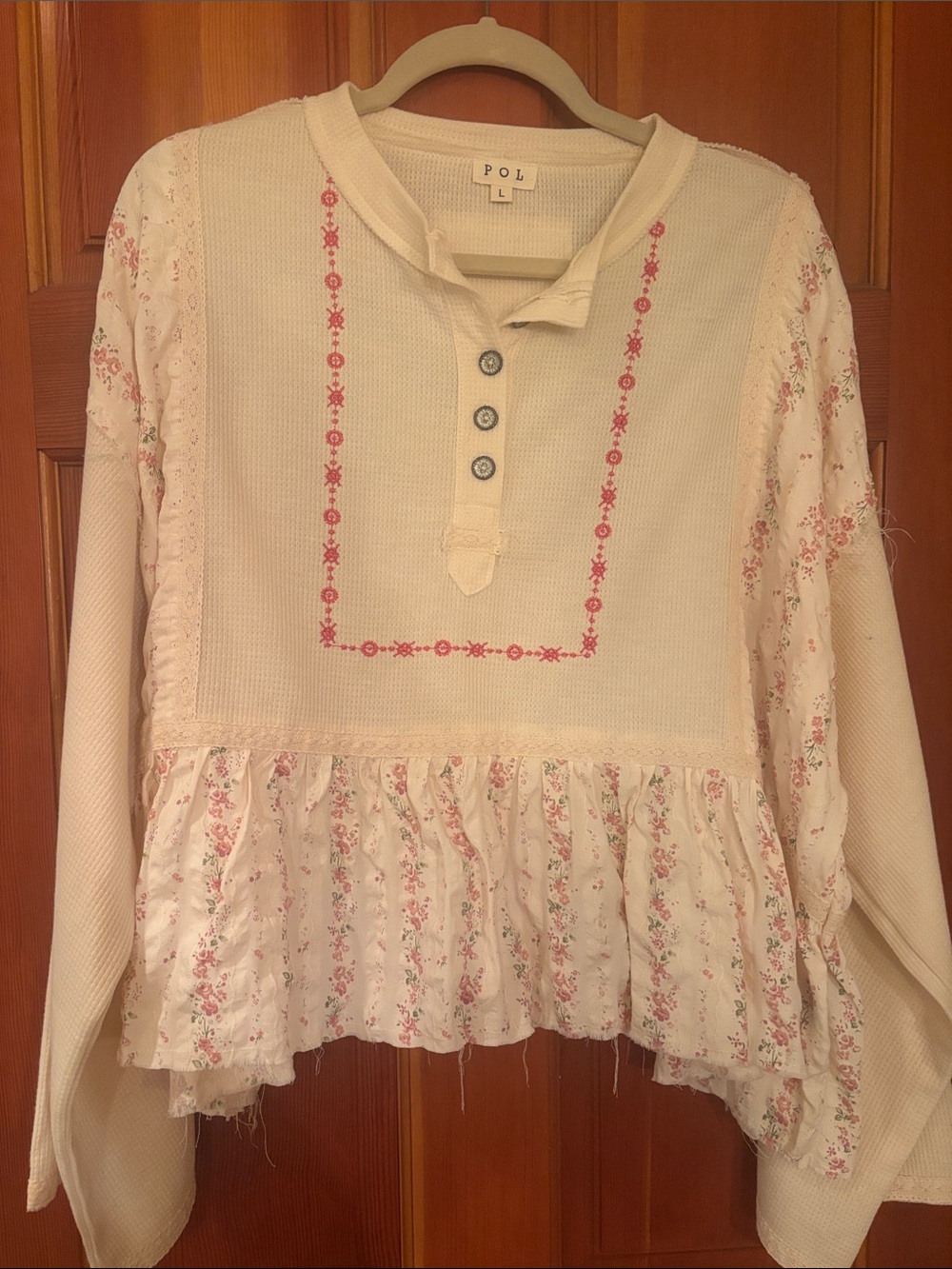 POL Cream Long-Sleeve Top with Pink Floral Accents and Ruffle Hem